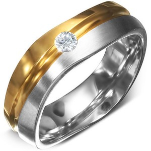 Oceľový prsteň s pozlátením a CZ krišťálom