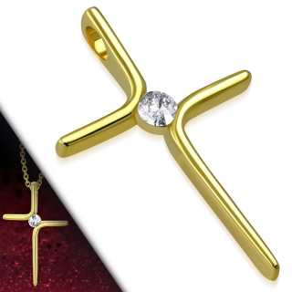 Oceľový prívesok - pozlátený krížik zdobený CZ krištálom