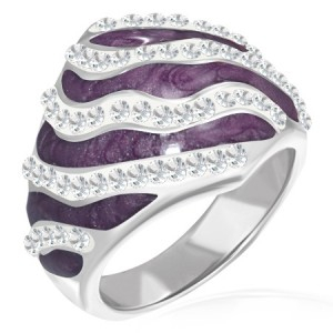 Nerezový oceľový prsteň zdobený bielymi očkami fialkovo smaltovaný