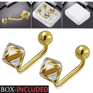 Oceľové pozlátené náušnice s bielou kockou