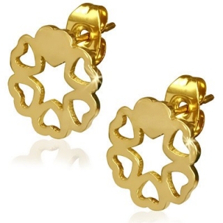 Oceľové náušnice zlaté srdiečka v krúžku